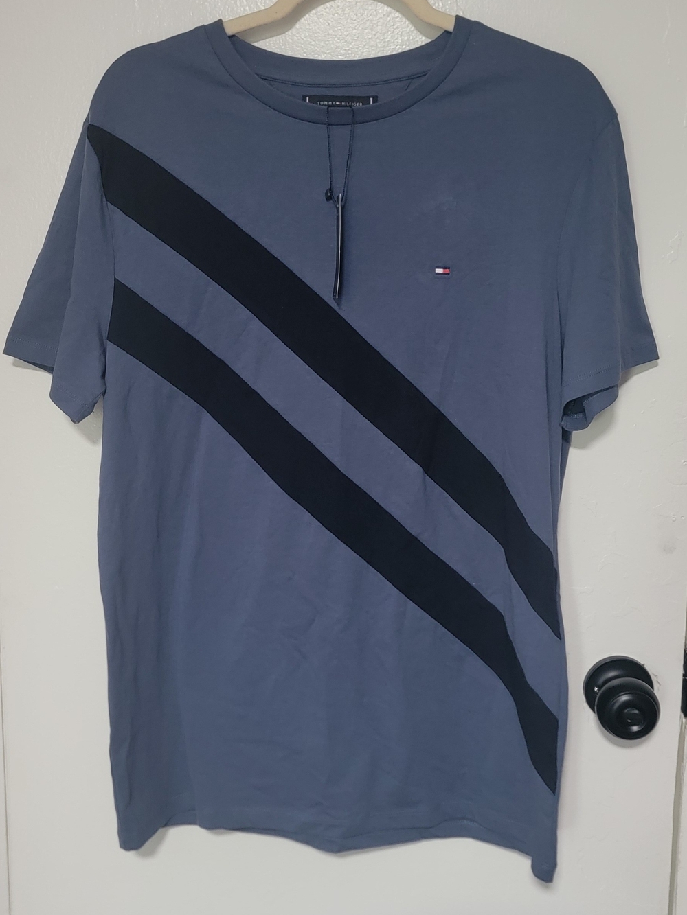 Tommy Hilfiger Blue Short-Sleeve Tee with Black Diagonal Stripes